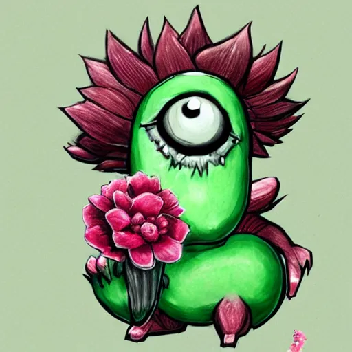 Image similar to small cute monster holding flower, concept art, detailed