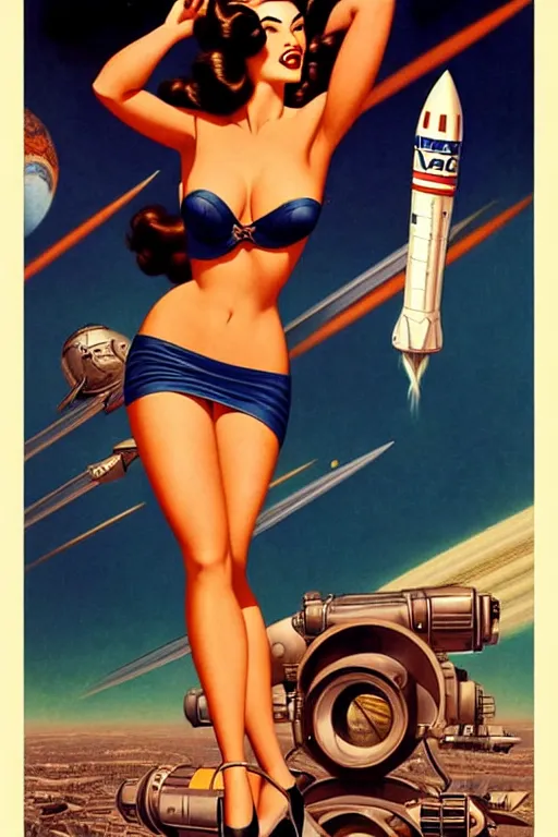 Image similar to beautiful megan fox retro space varga girl riding a rocket in a diesel punk city, windblown dark hair, retro pinup model, seductive, 1 9 4 0, glamour pose, intricate, smoke, hyper detailed, digital art, smooth, sharp focus, alberto vargas, gil elvgren, greg rutkowski
