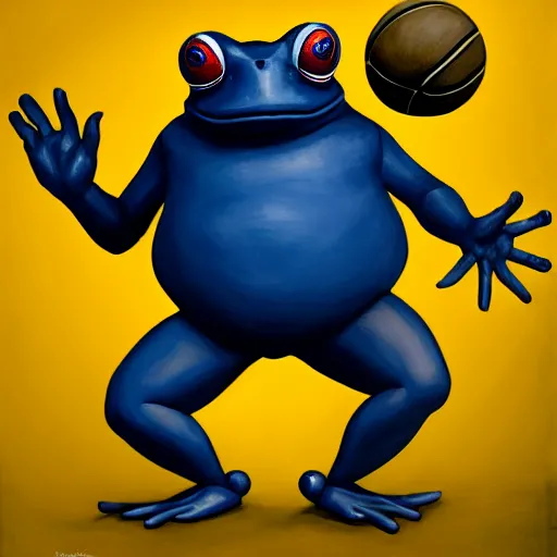 Prompt: a six foot tall anthropomorphic toad playing basketball, style of goya, painting, 4 k, artstation, ultra realistic, dynamic lighting, dynamic shadow