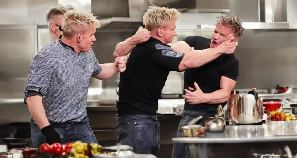 Image similar to photo of angry furious Gordon Ramsay punching Gordon Ramsay at the kitchen