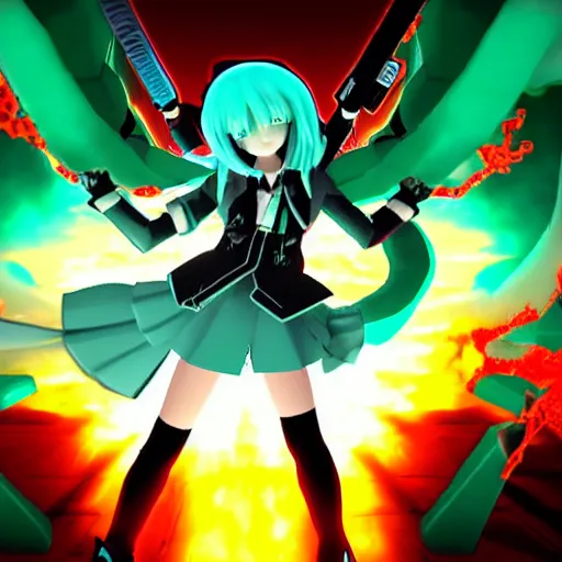 Prompt: Hatsune miku killing demons in the doom 2016 universe, ultra detailed, epic composition, game screenshot, epic light, hell