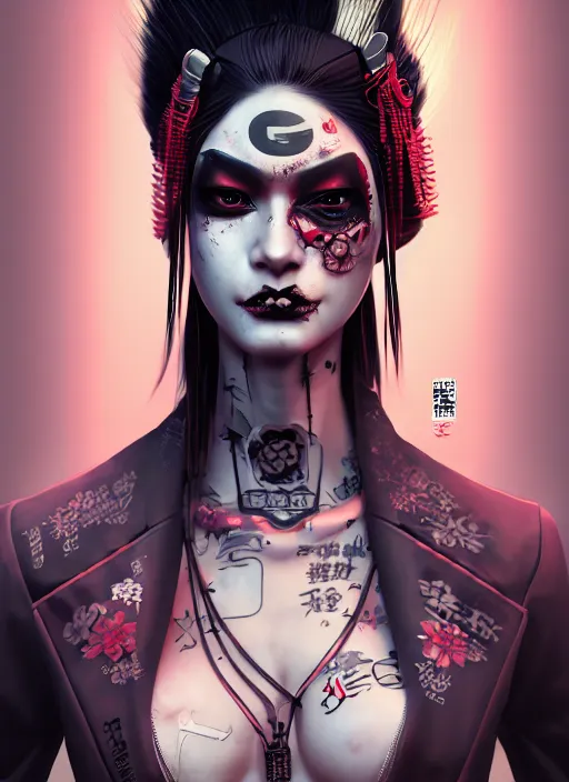 Image similar to geisha yakuza gothic cyborg cyberpunk gutter punk, urban decay, decay, underworld, dark art, highly detailed, digital painting, octane render, artstation, concept art, smooth, sharp focus, illustration, art by artgerm, loish, wlop