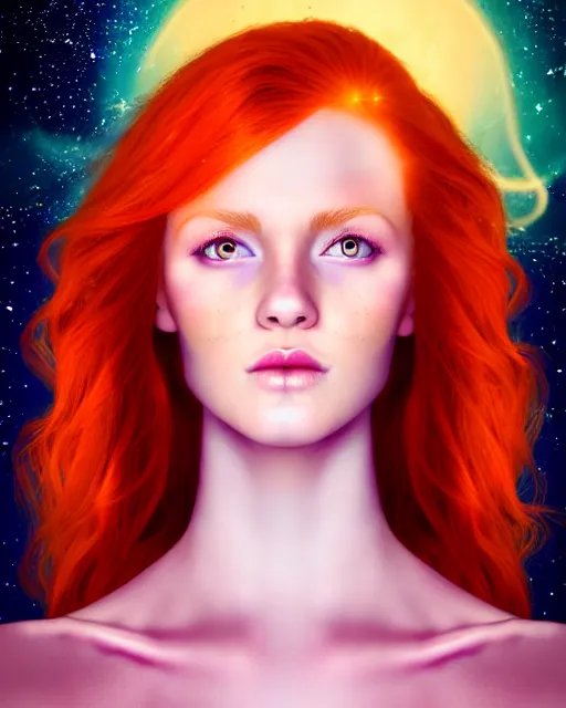 Image similar to space astral portrait of a beautiful girl, red hair, ginger hair, fantasy, glowing skin, smooth face, perfect eyes, half body shot, tarot card