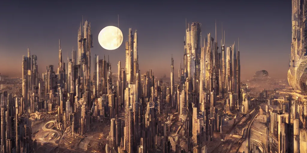 Prompt: human futuristic city, highly detailed,, beautiful architecture contemporary style, si - fi, golden hour light, two moon on the sky, 8 k, sharp focus, cinematic