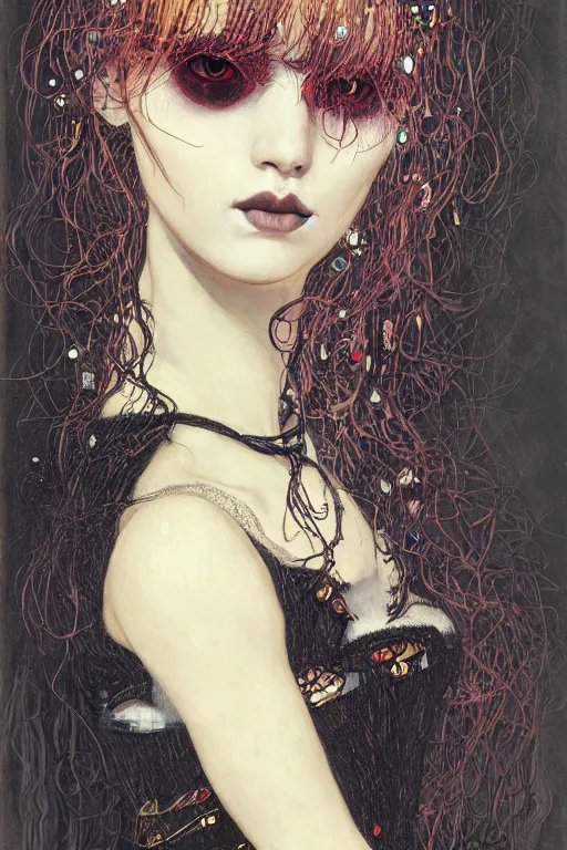 Image similar to portrait of beautiful young gothic maiden, cyberpunk, highly detailed, artstation, illustration, art by Gustav Klimt
