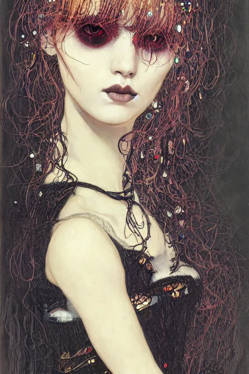 Prompt: portrait of beautiful young gothic maiden, cyberpunk, highly detailed, artstation, illustration, art by Gustav Klimt