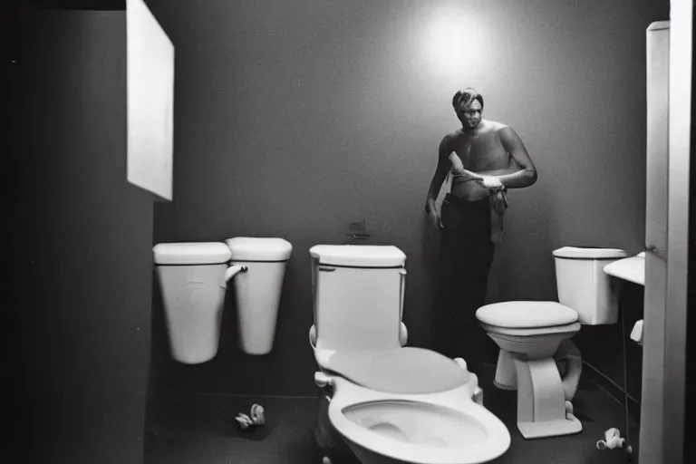 Prompt: leonardo dicaprio cleaning a toilet, ominous lighting, by richard avedon, tri - x pan stock