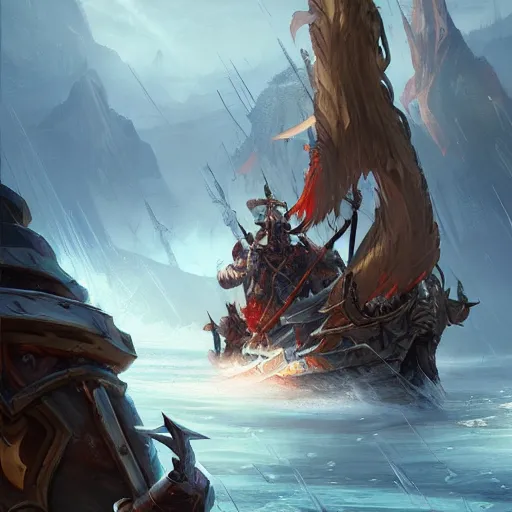 Image similar to arcane style viking battleship, viking spears and axes., bright art masterpiece artstation. 8 k, sharp high quality artwork in style of greg rutkowski, concept art by tooth wu, blizzard warcraft artwork, hearthstone card artwork