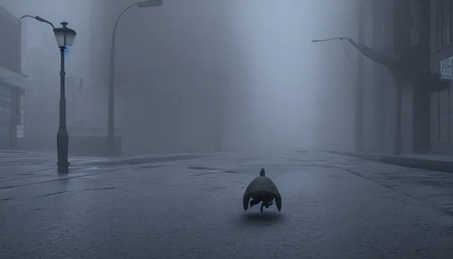 Image similar to giant turtle walking in silent hill streets, fog, empty streets, hyperdetailed, artstation, cgsociety, 8 k