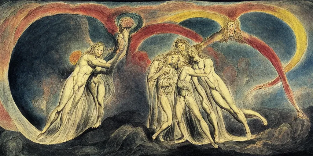 Image similar to the marriage of heaven and hell, art by william blake and samuel palmer