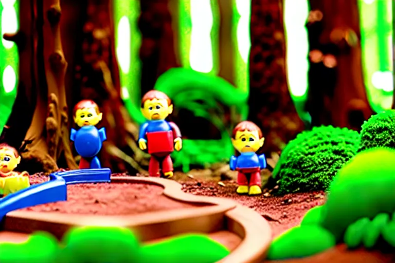 Image similar to fisher price redwood forest, california scene from tv show hyper detailed 5 5 mm 8 5 mm, toy photography, made out of plastic