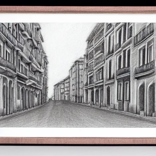 Prompt: ultrarealistic pencil drawing by Isabel Quintanilla, of a quiet street in Madrid, 1984