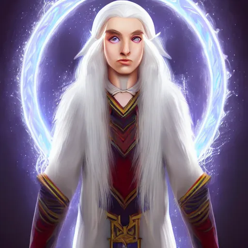 Image similar to Beautiful white haired aged fair skinned scholar elf with spell scroll and lightning background, full body, symmetrical, realism, digital painting, detailed artwork, portrait, mythical, artstation