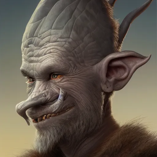 Image similar to Beautiful hyperrealistic detailed matte portrait painting of a grey goblin with wide head and a triangular upwards pointing nose, by andreas rocha and john howe, and Martin Johnson Heade, featured on artstation, featured on behance, golden ratio, f32, well composed, cohesive