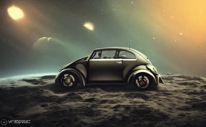 Image similar to a spaceship version of the vw beetle floating in the space, masterpiece, hyperrealistic, futuristic, symmetrical, octane render, unreal engine 5, path traced, highly detailed, high quality, 8 k, cinematic, high coherence, soft lighting, spacecraft, bloom