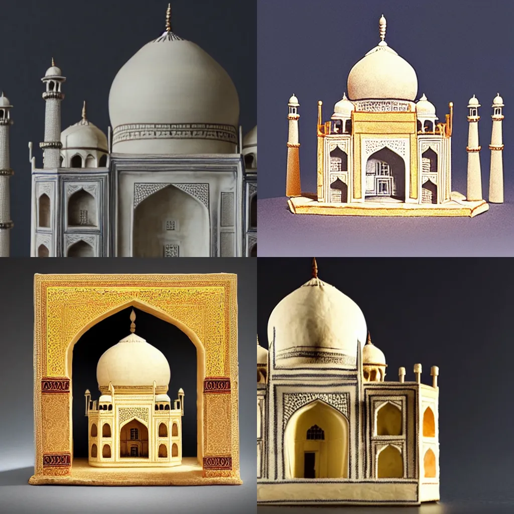 Prompt: A photograph of a model of the Taj Mahal made completely out of cheese, studio lighting