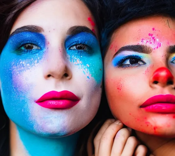 Image similar to close photo shot still of two womens rainbow painted lips kissing