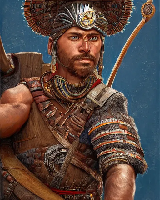 Prompt: digital painting of an aztec archer by filipe pagliuso and justin gerard, symmetric, fantasy, detailed, intricate, portrait, sharp focus, tarot card, handsome, gwent