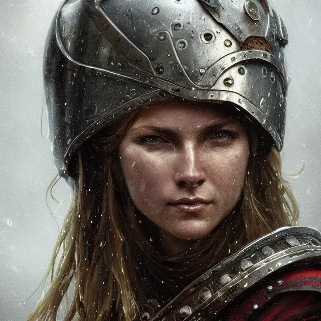 Prompt: detailed close up portrait of female viking warrior, battleworn metal armor, dark rainy thunderstorm background, wet, subsurface scattering, artistic, art by artgerm, greg rutkowski and alphonse mucha, artstation, octane render,