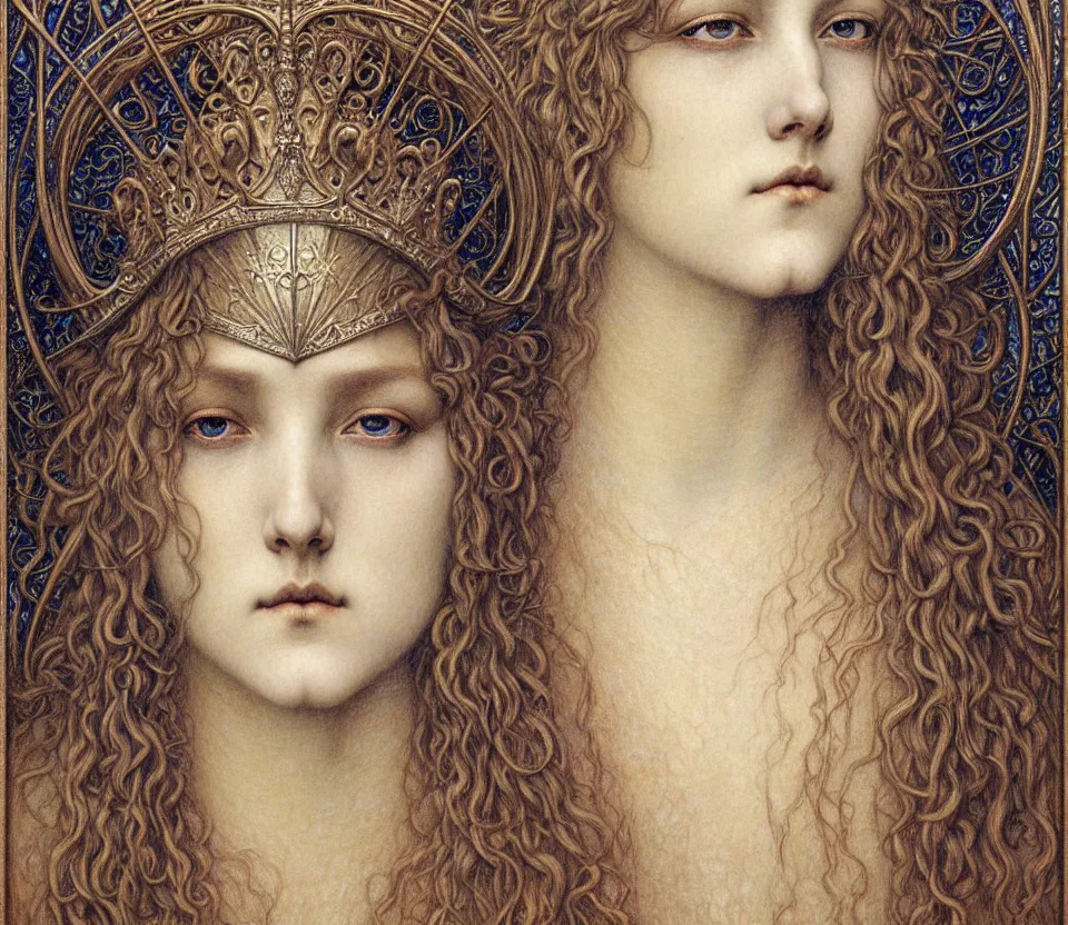 Image similar to detailed realistic beautiful young medieval queen face portrait by jean delville, gustave dore and marco mazzoni, art nouveau, symbolist, visionary, gothic, pre - raphaelite. horizontal symmetry