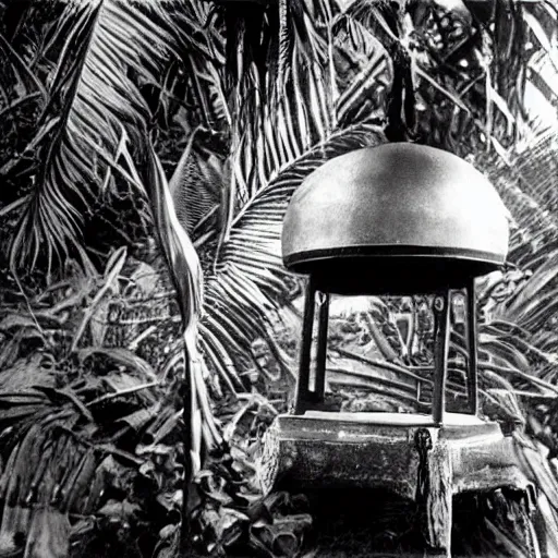 Image similar to a rizom lost film footage of a sacred ( ( ( indigenous ) ) ) artifact in the middle of the ( ( ( ( ( ( ( ( ( ( tropical jungle ) ) ) ) ) ) ) ) ) ) / ethnographic object / film still / cinematic / enhanced / 1 9 0 0 s / black and white / grain