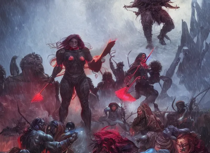 Image similar to giant darkseid attacking an encampment of amazon female beautiful goth warriors during a blizzard, highly detailed, digital illustration, artstation, concept art, matte, sharp focus, illustration, dramatic, full moon, art by artgerm and greg rutkowski and alphonse mucha