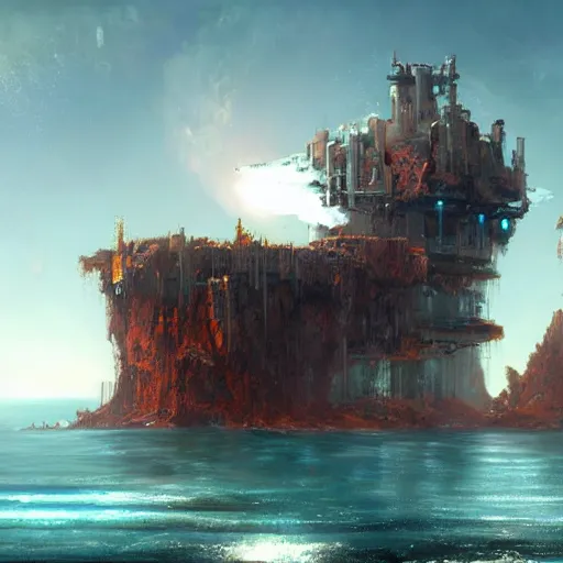 Prompt: a rust - colored terraforming tower jutting out of a vast ocean, sci fi concept art by tyler edlin, antoine blanchard, thomas cole