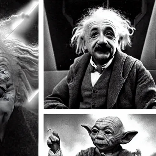 Prompt: Albert Einstein as Yoda thinking about the theory of relativity. Star Wars movie frame.