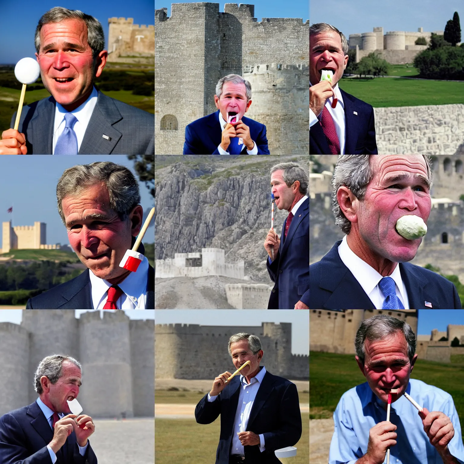 Prompt: George W. Bush eating a lollipop, a historic white fortress in the background