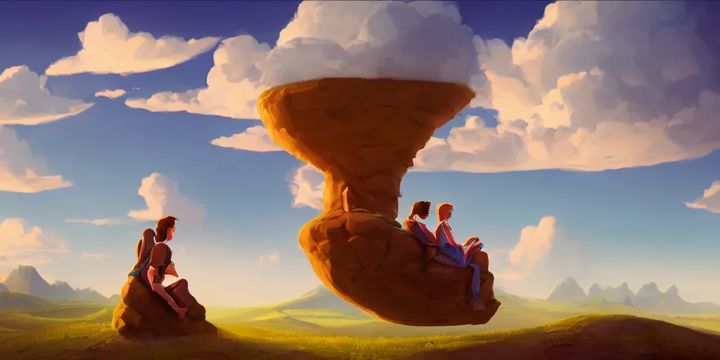 Image similar to conceptual art of a beautiful couple sitting on a cloud, mattepainting concept Blizzard pixar maya engine on stylized background global illumination lighting artstation in the style of The Road to El Dorado