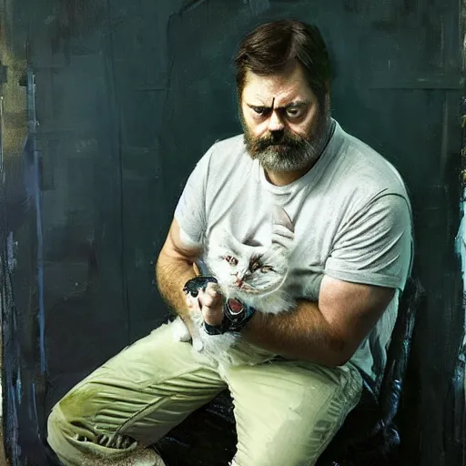 Image similar to nick offerman with cat body, jeremy mann painting