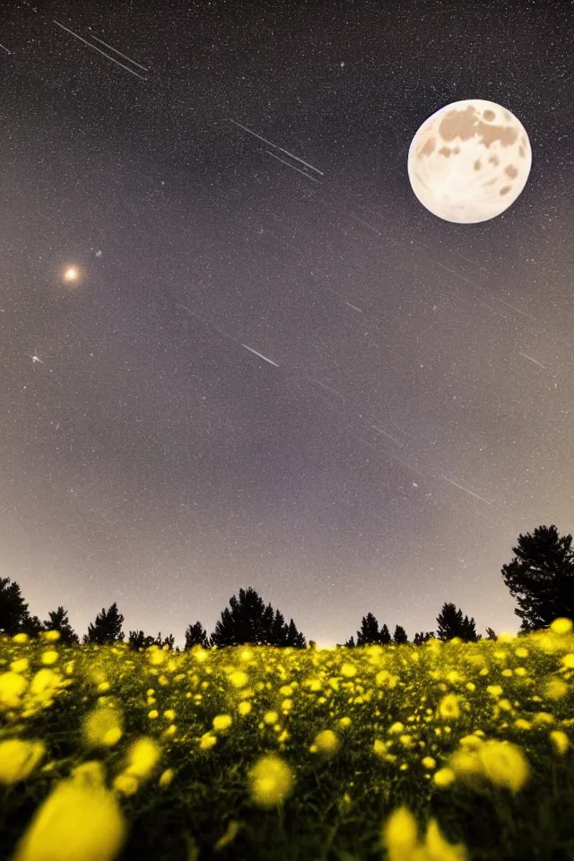 Prompt: low angle, shot from below. two very large moons in night sky. saturated milky way in the night sky. 3 0 second shot. heavy meteor shower. field of big frozen yellow flowers. f 1. 8 lens, 1 6 mm, lens flare, bokeh. high detail. photorealistic, romantic