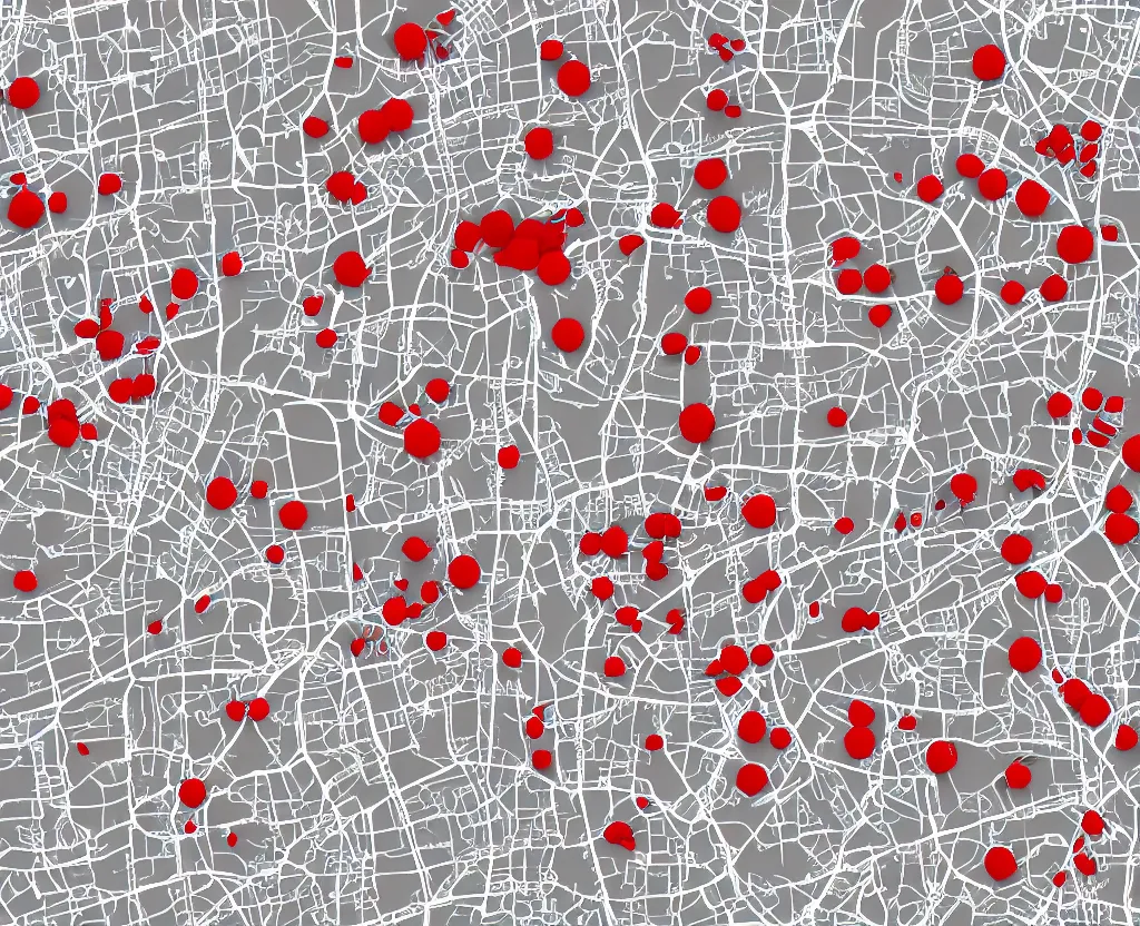 Prompt: Muted White on Grey Vector map of a little town with numerous red dots marked