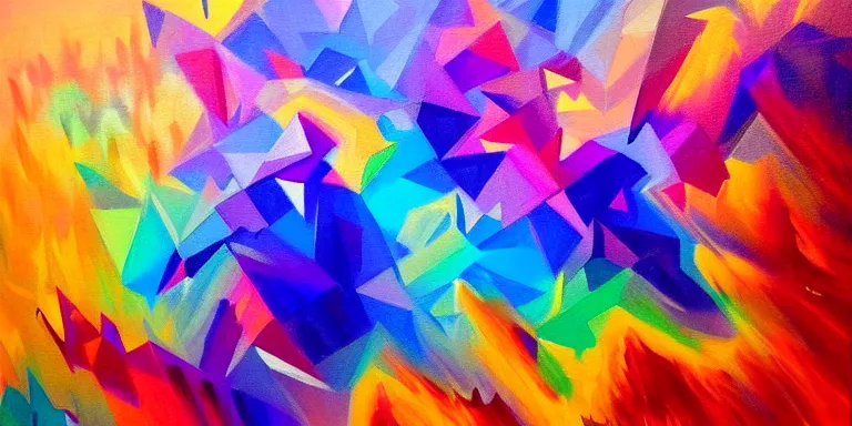 Image similar to a beautiful abstract acrylic painting of geometric mountain tops made of nebula by viktoria lapteva