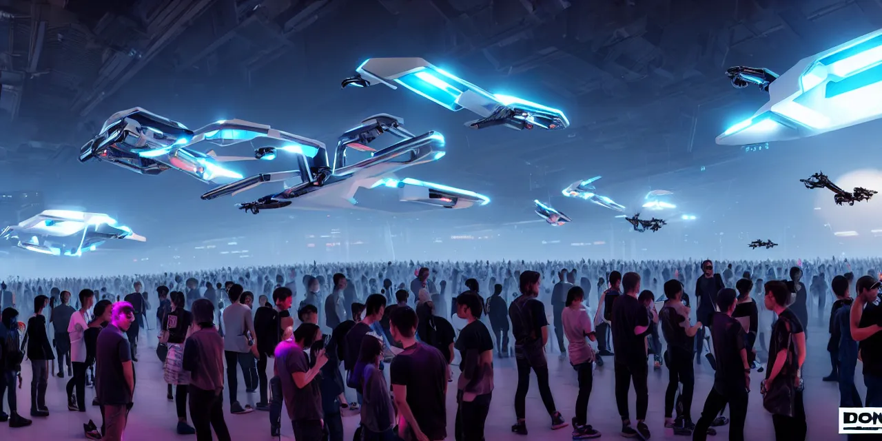 Image similar to cyberpunk exhibition full of hundreds of different hovercars, crowd watching and walking around exhibition site, enthusiastic spectators watching the race of flying vehicles in background, in the year 3 0 0 0, very high details, volumetric fog, raytracing, back light, raymarching, by ilm, by digital domain, by weta digital