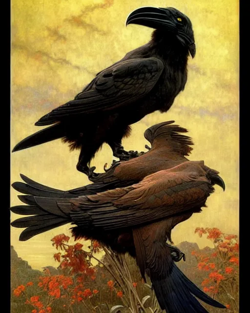 Image similar to two fighting ravens, emotionally evoking symbolic metaphors, fantasy, ornamental, intricate, elegant, highly detailed digital painting, artstation, concept art, painterly, golden ratio, sharp focus, illustration, art by John William Godward and Alphonse Mucha and Zdzisław Beksiński,