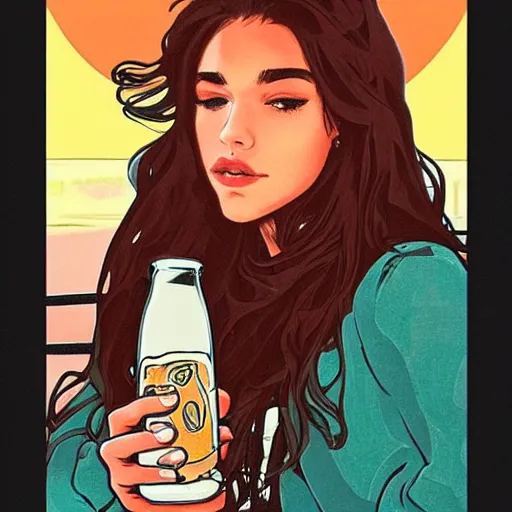 Image similar to Madison Beer drinking beer in the parking lot, realistic, sunset 😂😂😂☺️☺️☺️, in the style of Artgerm and Alphonse Mucha