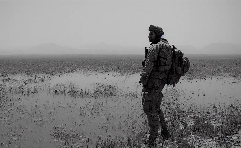 Prompt: Drake serving in a swamp in Afghanistan, film grain