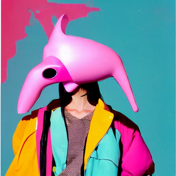 Prompt: model in plastic bird mask wearing baggy colorful 9 0 s jacket by rick owens. magazine ad. pastel brutalist background.