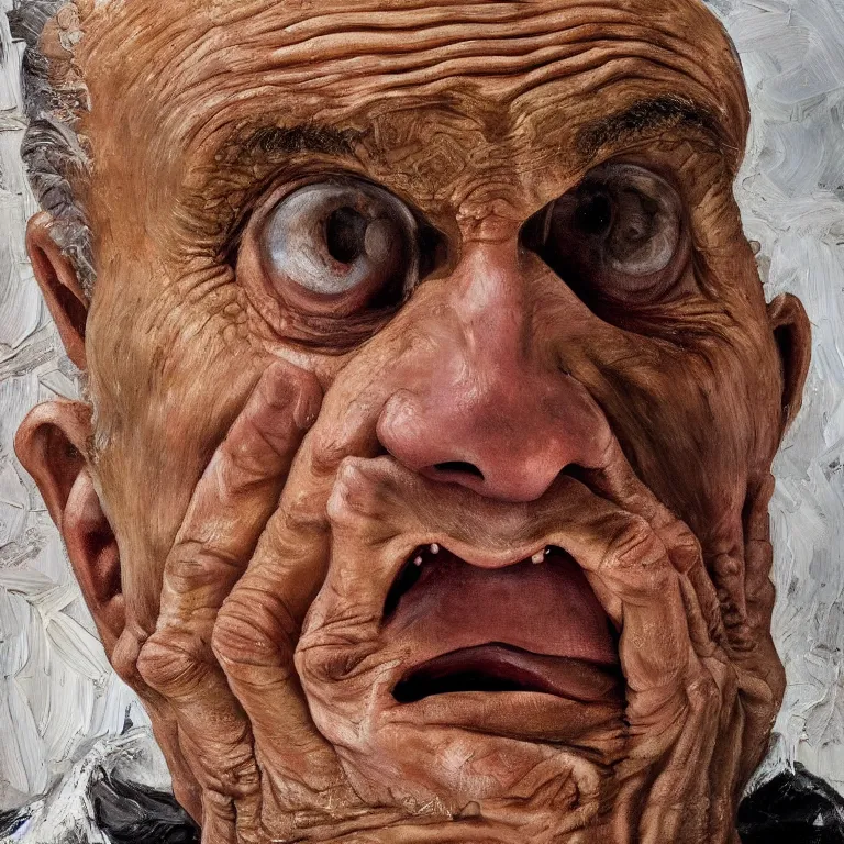 Image similar to warmly lit close up studio portrait of aging angry!! screaming! old Rudy Giuliani age 115 wrinkled furious!, impasto oil painting thick brushstrokes by Lucian Freud and Cy Twombly and Tim Hawkinson , trending on artstation dramatic lighting Expressionism