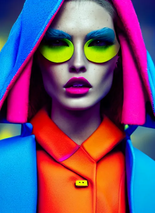 Prompt: stylish coat for a rave, bright colors, many details, prints, photo for a magazine, photo for a store, fashion photography, Vogue, 135 mm, cinematic, hyper realism, high detail, octane render, 8k, chrome accents, very coherent symmetrical artwork, perfect face model, full length photo, Upper and lower body, even skin tone