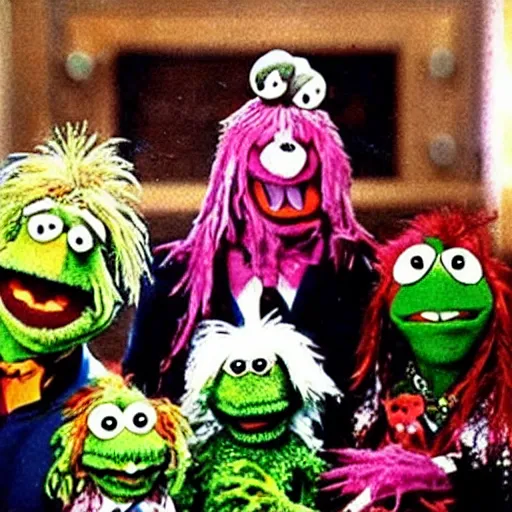 Image similar to zombie fraggle rock muppets, family photo of zombie muppets, photo from the 7 0 s