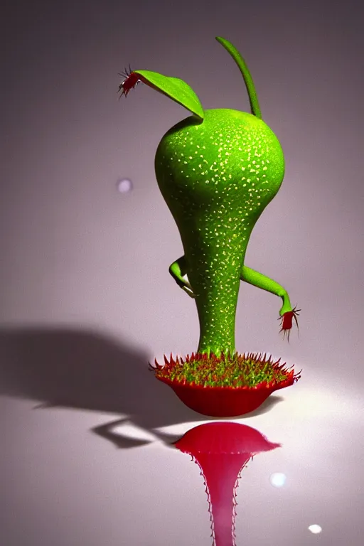 Image similar to hyperrealistic anthropomorphic cartoon 3 d unreal engine red and white polka dot venus fly trap shiny luscious lips slick wet tongue, cinematic lighting 3 5 mm christopher nolan film still