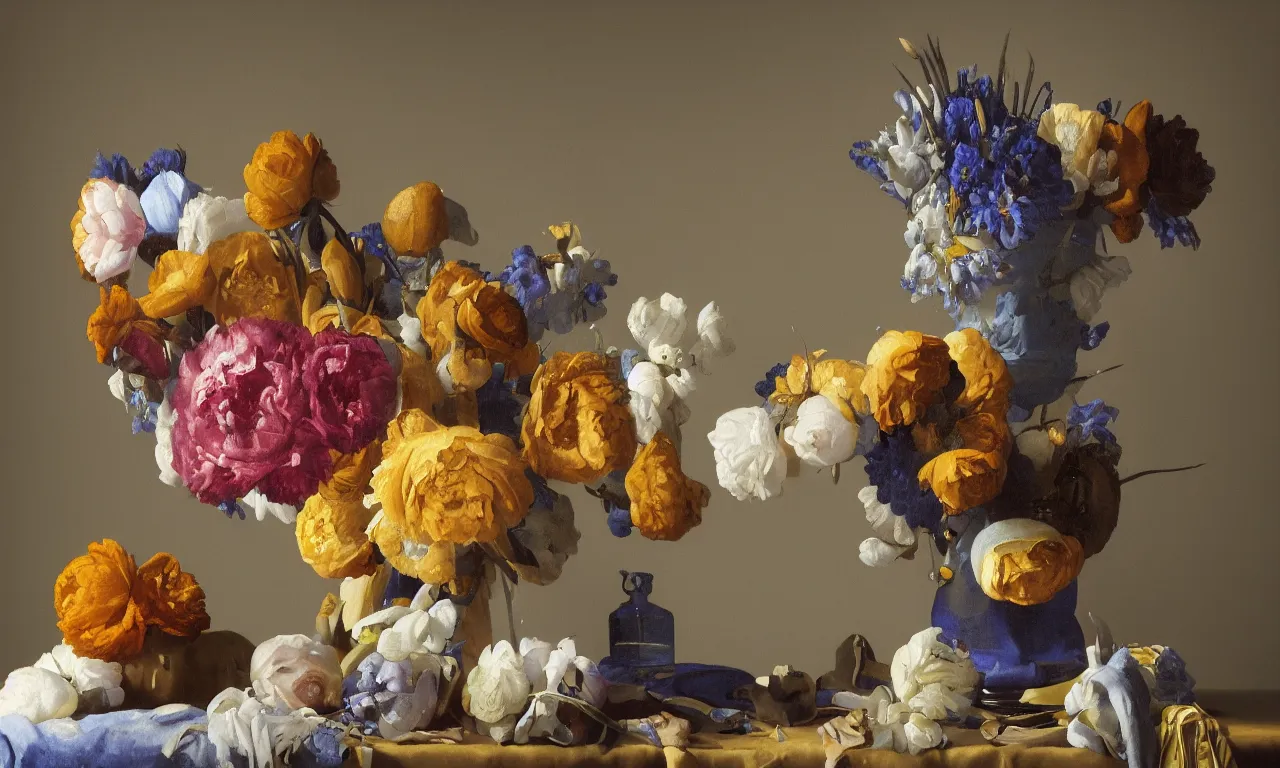 Prompt: still life of a big vase of flowers painted by Johannes Vermeer, vivid colors, high details, cinematic, 8k resolution, beautiful detailed, photorealistic, digital painting, artstation, concept art, smooth, sharp focus, illustration, fantasy background, artstation trending, octane render, unreal engine