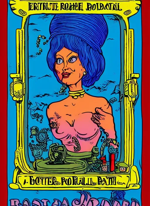 Image similar to portrait of a beautiful woman by basil wolverton and robert crumb in the style of a garbage pail kids card, tarot card, play - doh