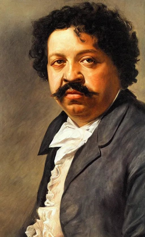 Image similar to Portrait of Alexandre Dumas, oil on canvas, highly detailed, by Delacroix, 8k