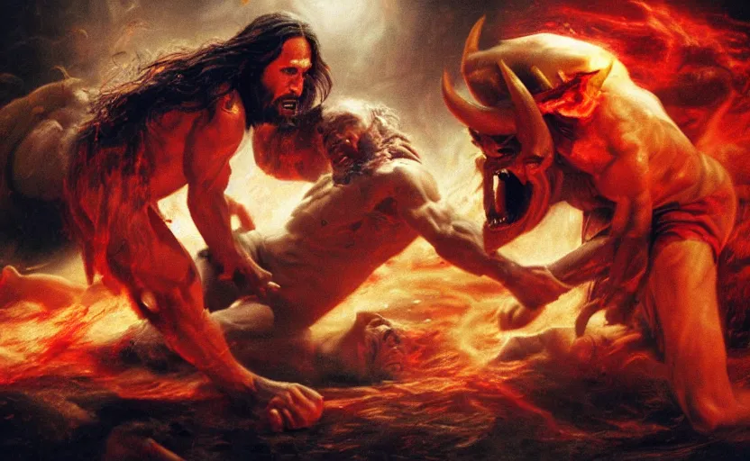 Prompt: hyperrealistic photo of Jesus Christ pummeling red-skinned Satan devil demon Lucifer in the face on the floor to a pulp, 8k cinematic, epic fight scene, stunning composition, DSLR focus on the subjects