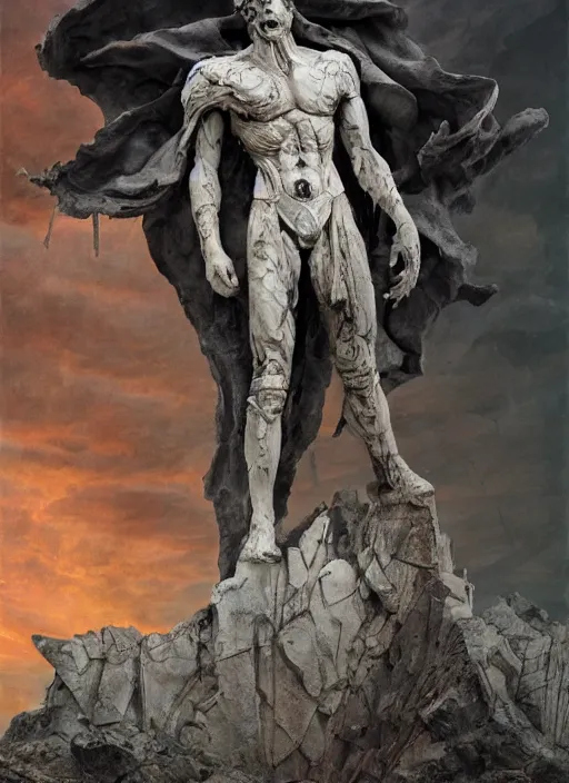 Prompt: statue of a diabolical marble stone cyborg, wearing torn white cape, dynamic pose, thunder, glowing eyes, post apocalyptic ancient ruins, glowing veins subsurface scattering, in clouds, sunset, portrait, by gerald brom, by mikhail vrubel, by peter elson, muted colors, extreme detail, trending on artstation, 8 k