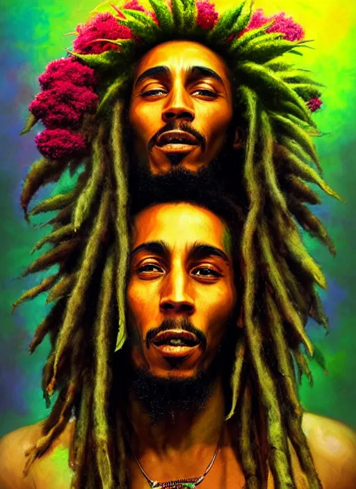 Prompt: portrait of bob marley joyous jamaican warrior with flowing dreadlocks, surrounded by cannabis flowers. afrogoth intricate digital matte painting concept art, warpaint aesthetic, colorful, psychedelic, beautifully backlit, subtle tones, sharp focus, cinematic aesthetic octane render, volumetric lighting, by edmund leighton, james jean, ross tran and artgerm