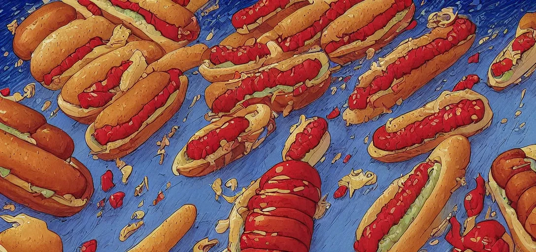 Image similar to an original jean giraud digital art masterpiece of a religious decree prohibiting hotdog buns, hotdogs without buns, discarded hotdog buns